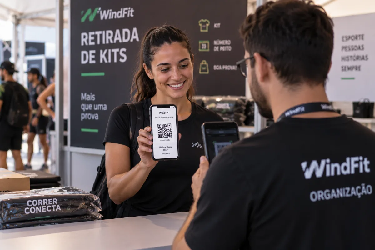 Atleta mostrando o QR code da inscrição na tela do celular para o organizador na entrada do evento