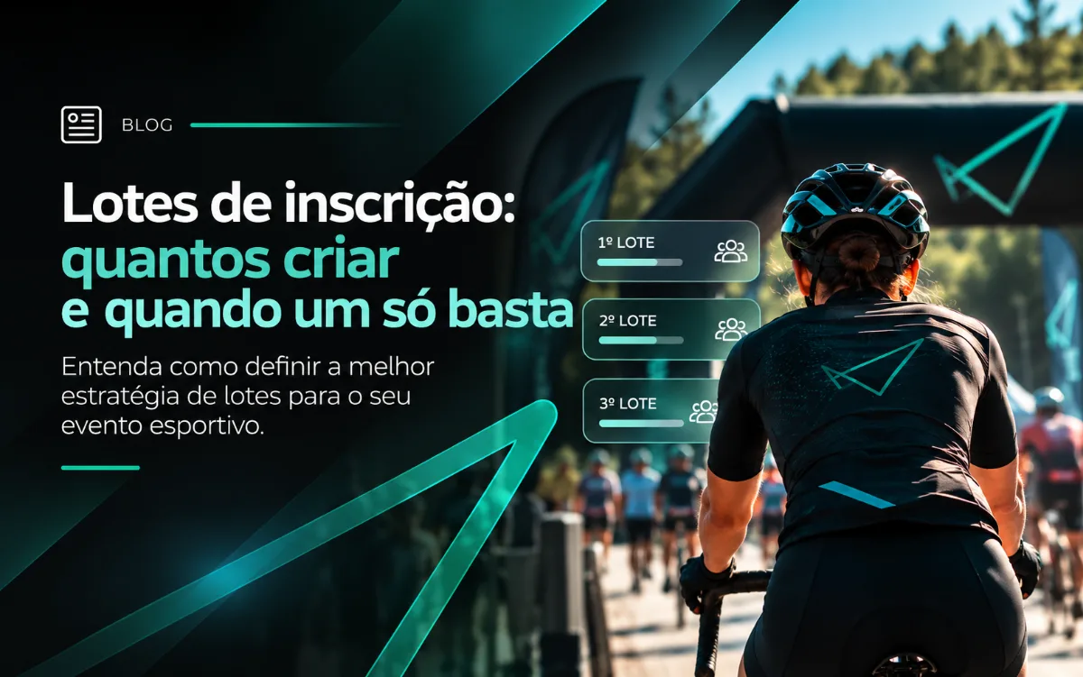 Ciclista em evento esportivo com elementos visuais representando diferentes lotes de inscrição.